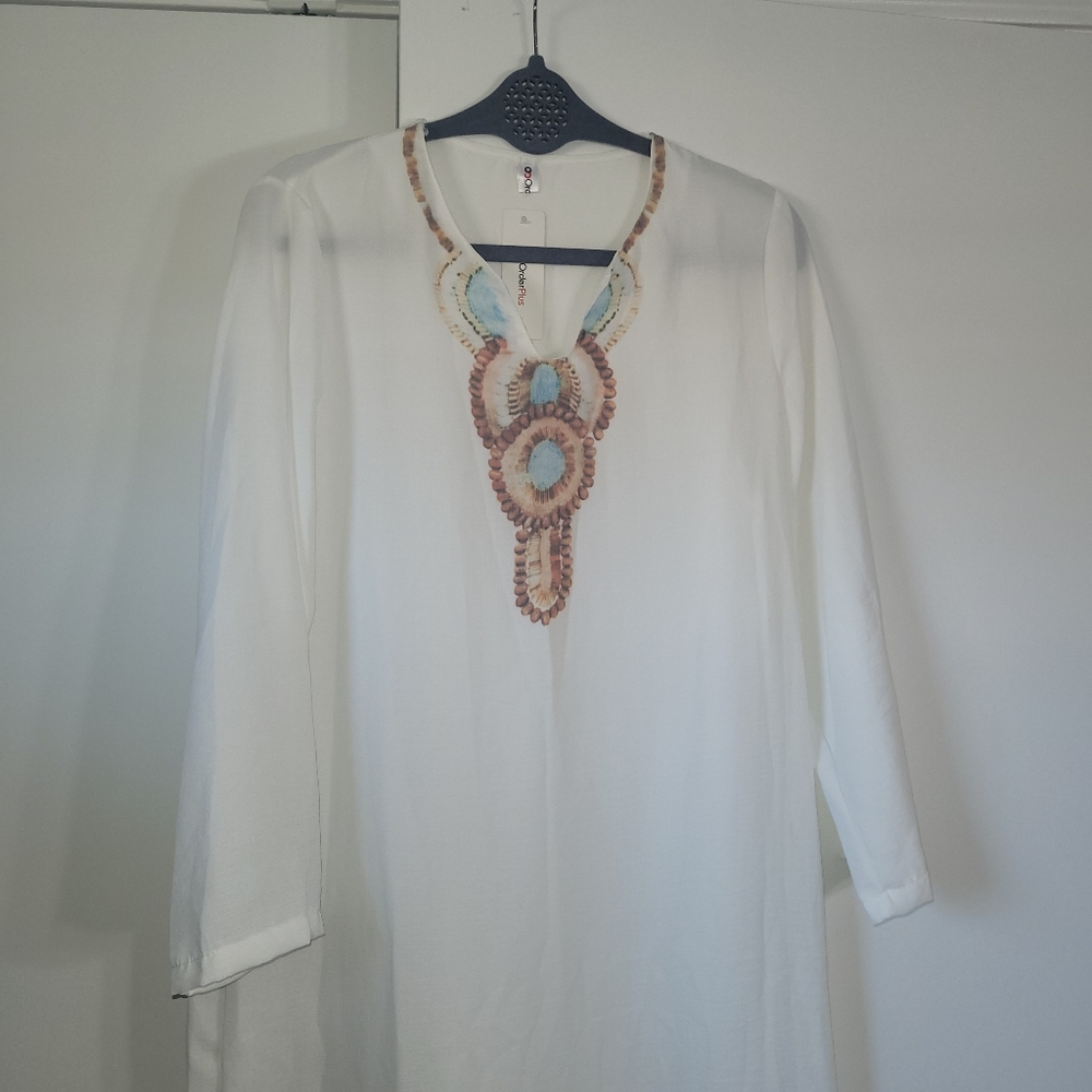 Order Plus White Sheer Caftan with Necklace Print Detail NWOT